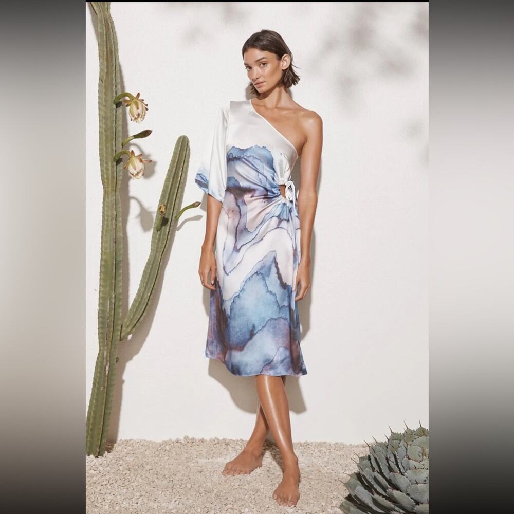 Marysia Resort 2021 Collection Silk Cut Out Blue Abstract Midi Dress